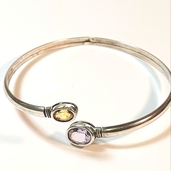 Antique Yellow Ceylon Sapphire & Amethyst Flexible Silver Bangle - Picture 3 of 16